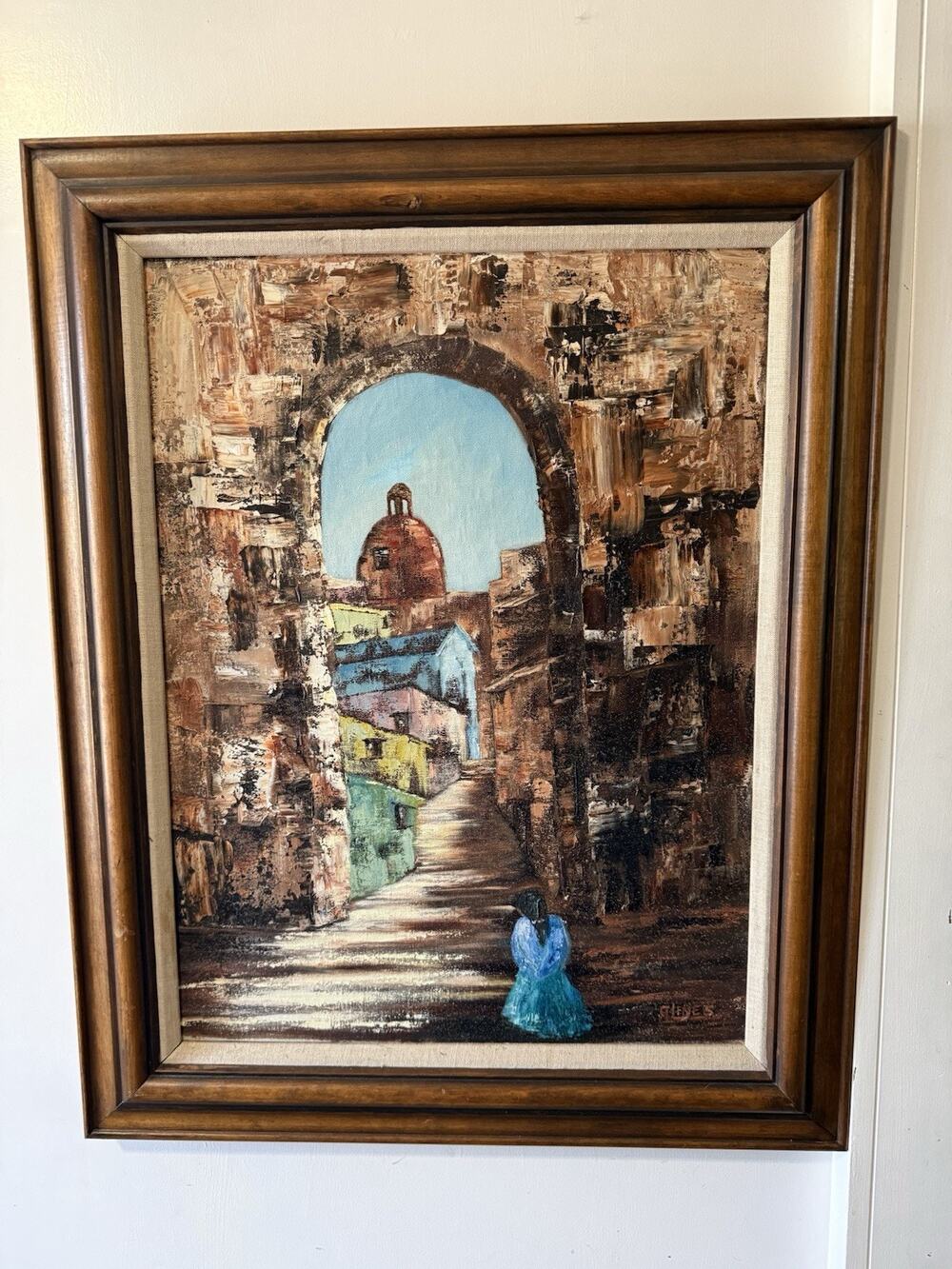 Vintage Mid Century Mexican Street Scene Oil Painting Palette Knife Framed 24x30